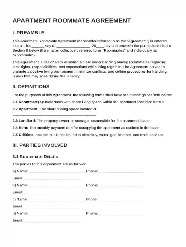 Apartment Roommate Agreement Template Preview on Page 1