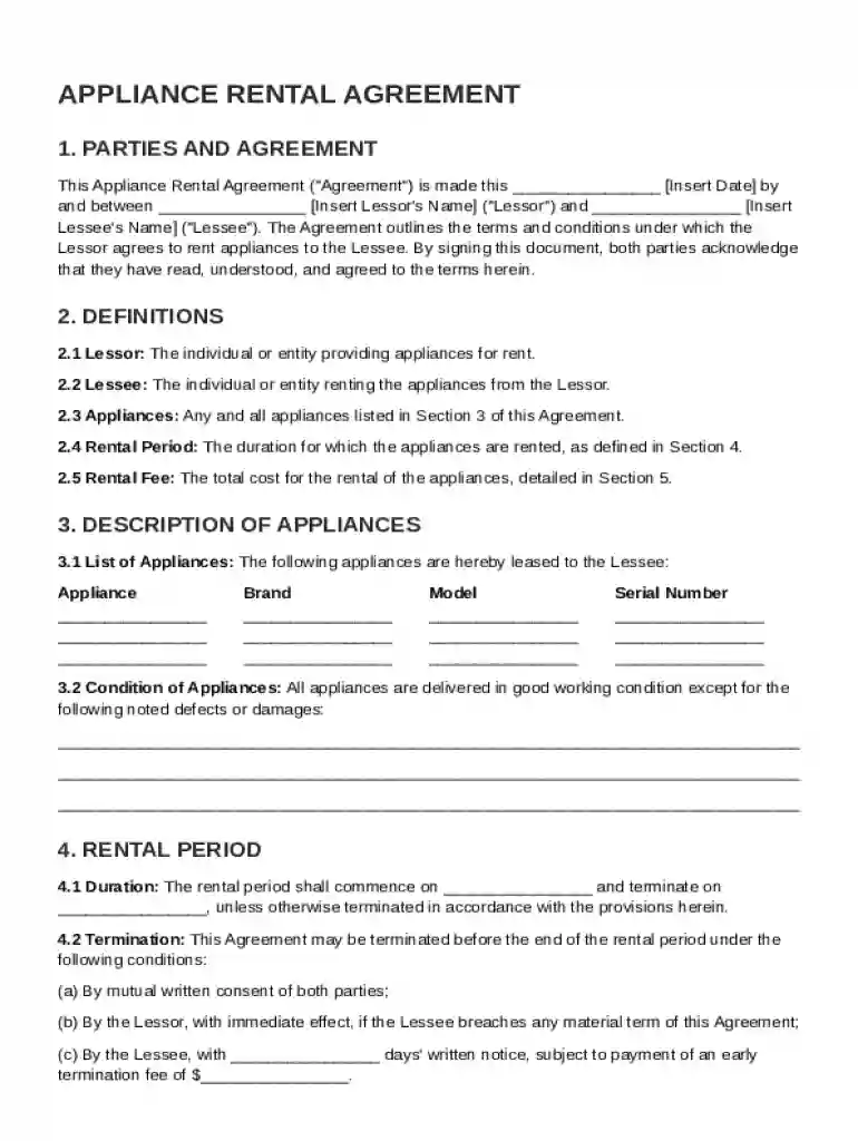 Appliance Rental Agreement Template Preview on Page 1
