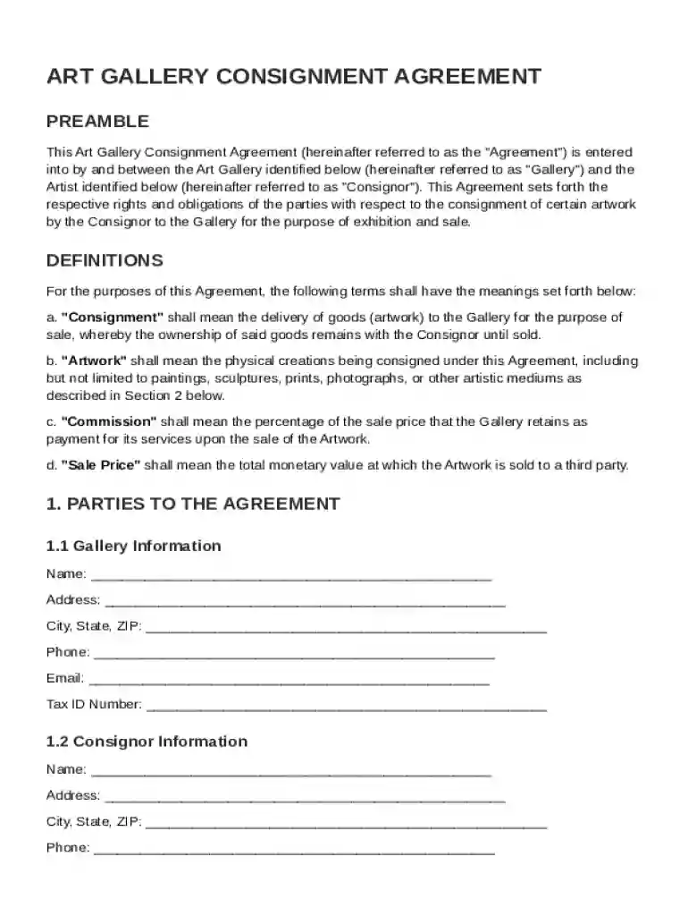 Art Gallery Consignment Agreement Template Preview on Page 1