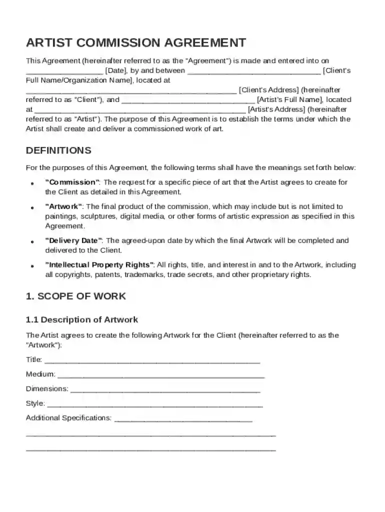 Artist Commission Agreement Template Preview on Page 1