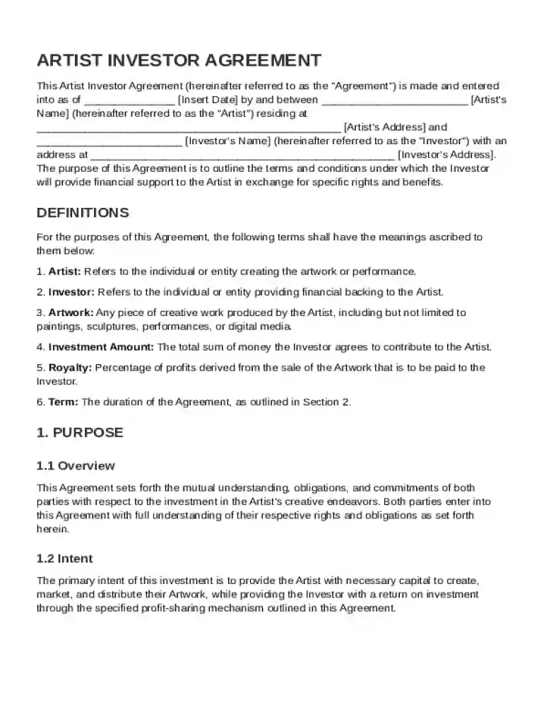 Artist Investor Agreement Template Preview on Page 1