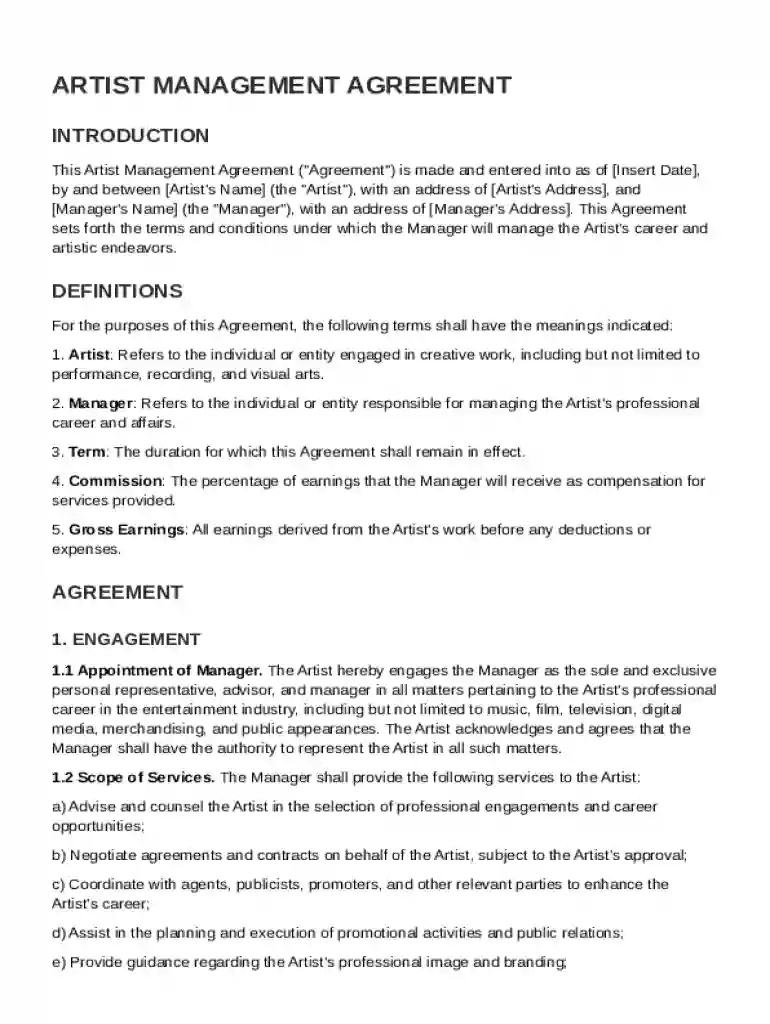 Artist Management Agreement Template Preview on Page 1