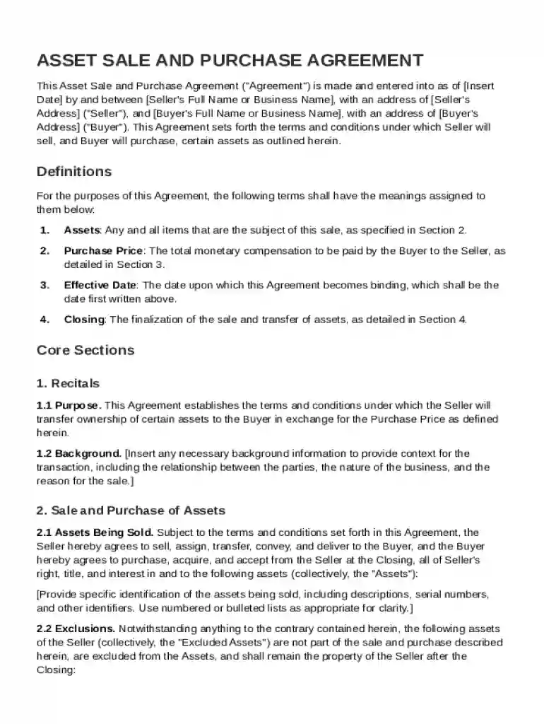 Asset Sale and Purchase Agreement Template Preview on Page 1