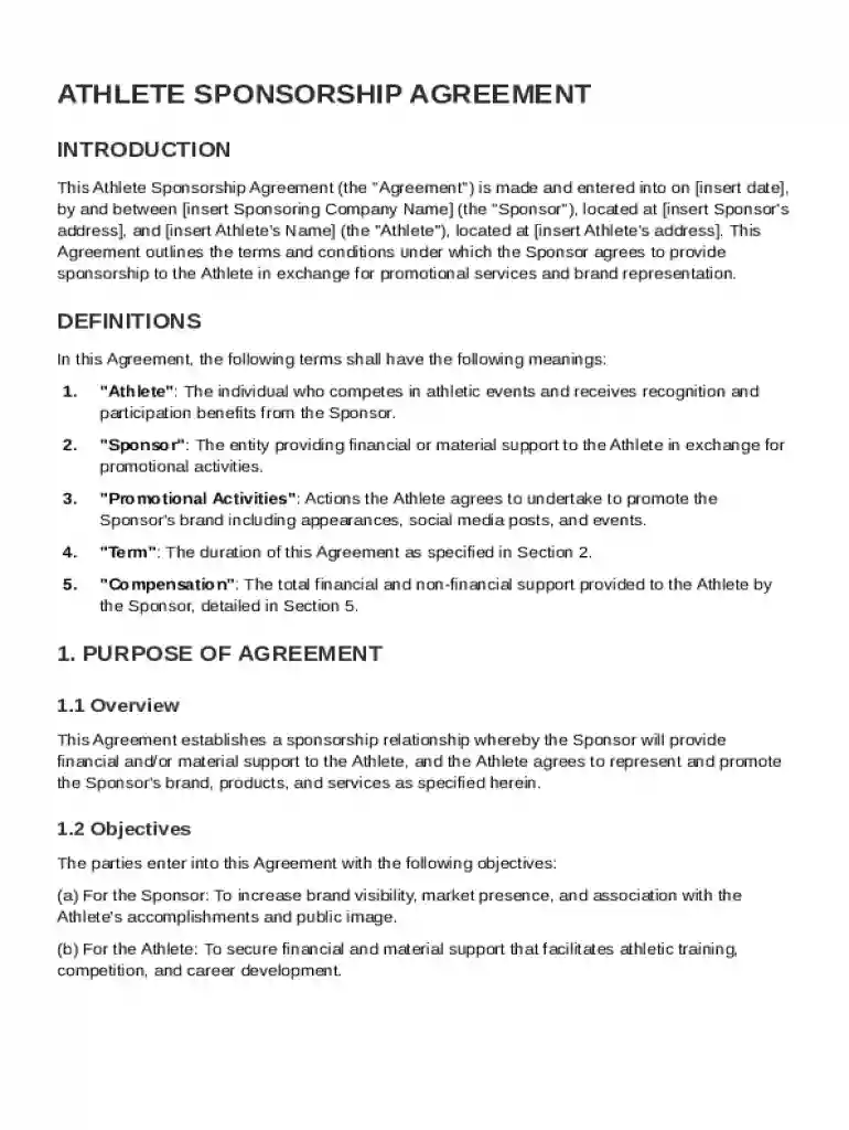 Athlete Sponsorship Agreement Template Preview on Page 1