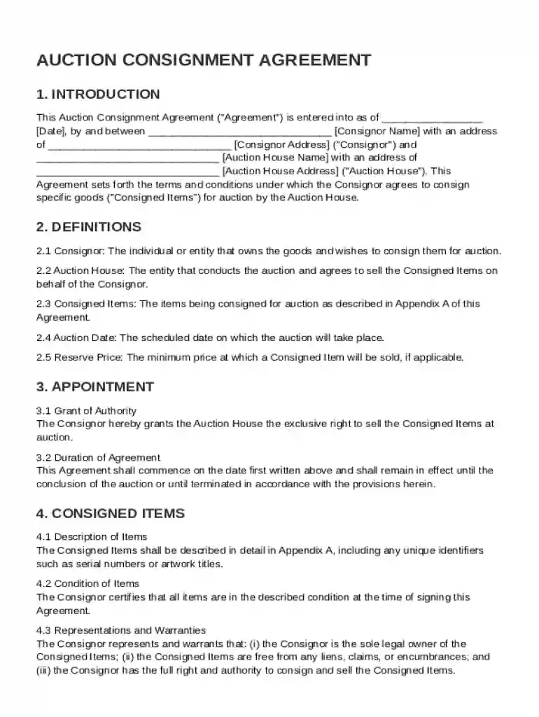 Auction Consignment Agreement Template Preview on Page 1
