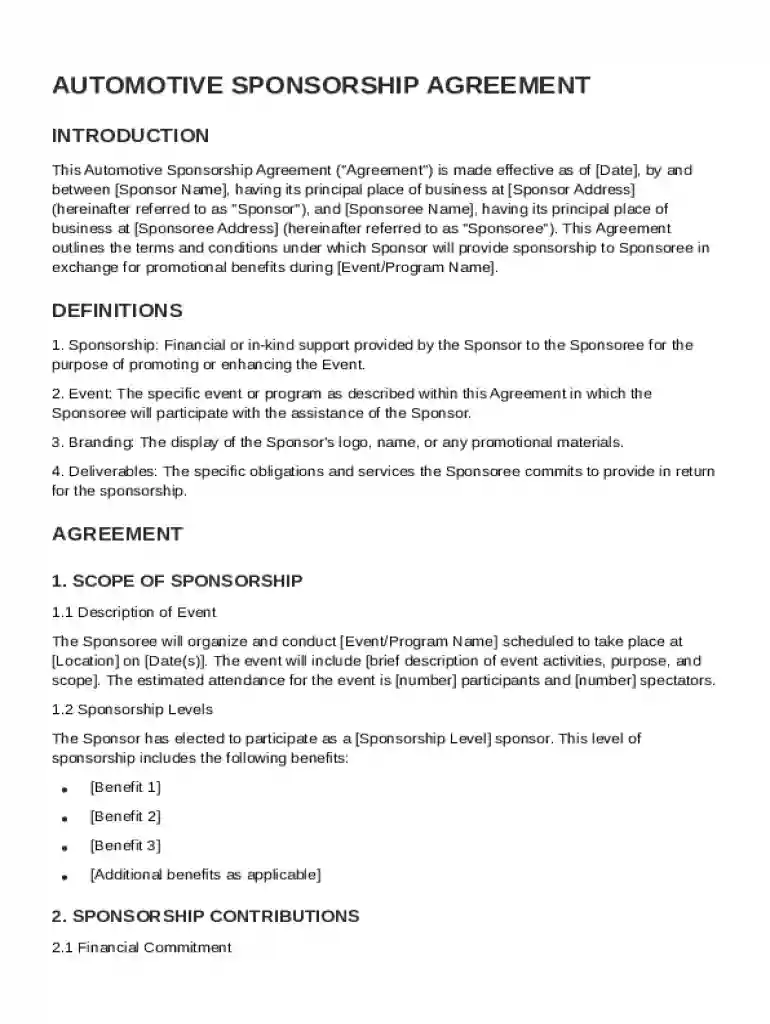 Automotive Sponsorship Agreement Template Preview on Page 1