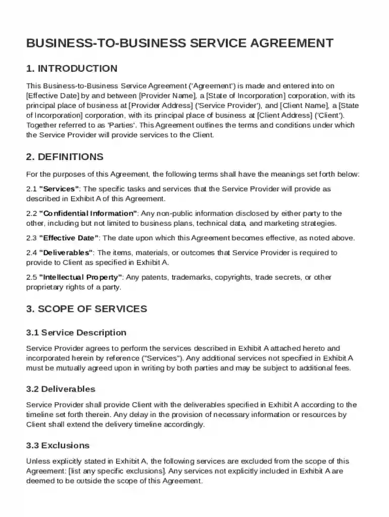 B2B Service Agreement Template Preview on Page 1