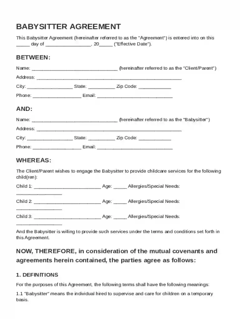 Babysitter Agreement Template Preview on Page 1
