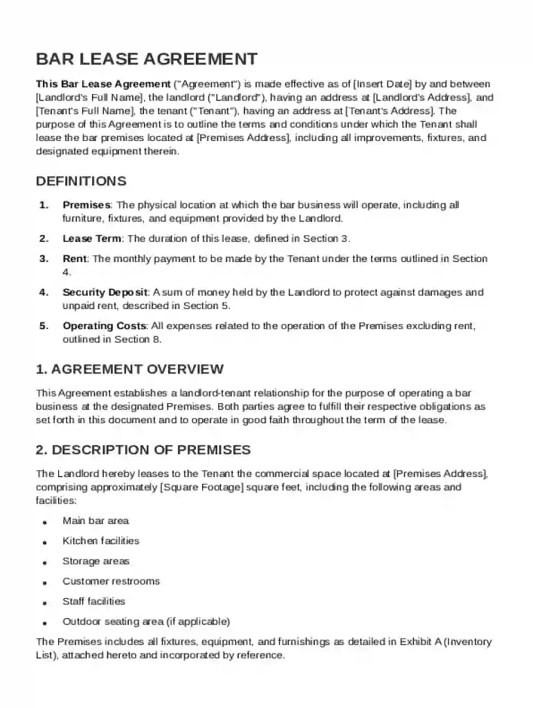 Bar Lease Agreement Template Preview on Page 1