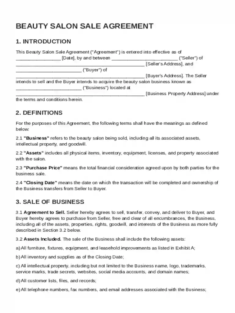 Beauty Salon Sale Agreement Template Preview on Page 1