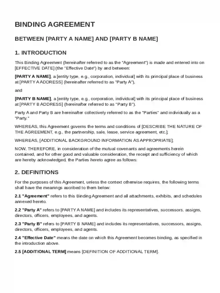 Binding Agreement Template Preview on Page 1