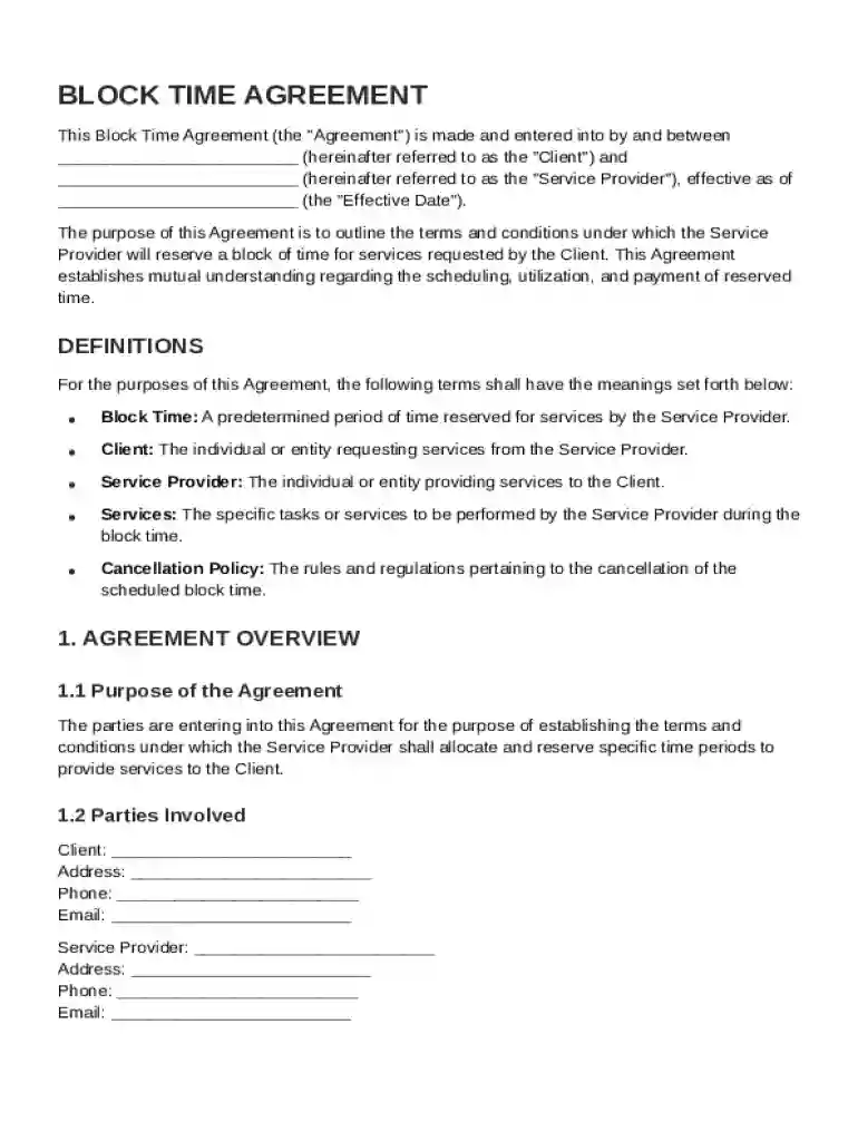 Block Time Agreement Template Preview on Page 1