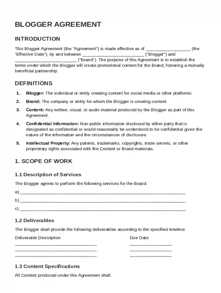 Blogger Agreement Template Preview on Page 1