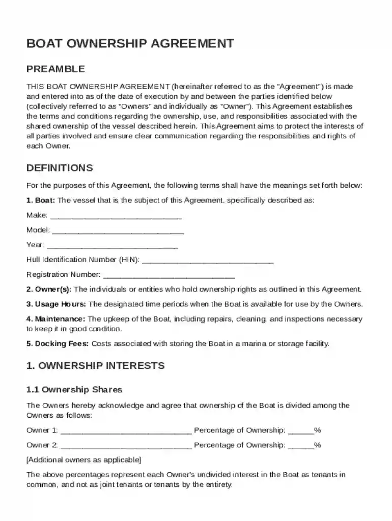 Boat Ownership Agreement Template Preview on Page 1
