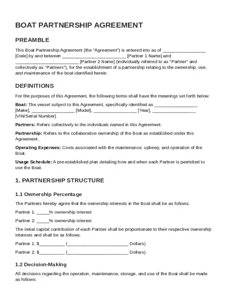 Boat Partnership Agreement Template Preview on Page 1