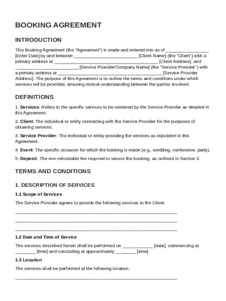 Booking Agreement Template Preview on Page 1