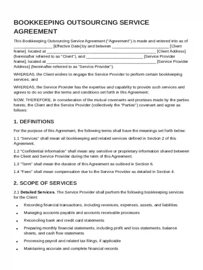 Bookkeeping Outsourcing Service Agreement Template Preview on Page 1