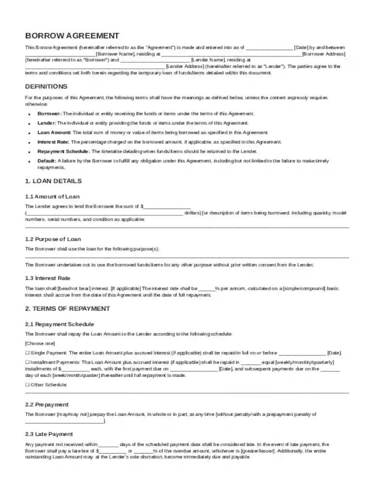 Borrow Agreement Template Preview on Page 1