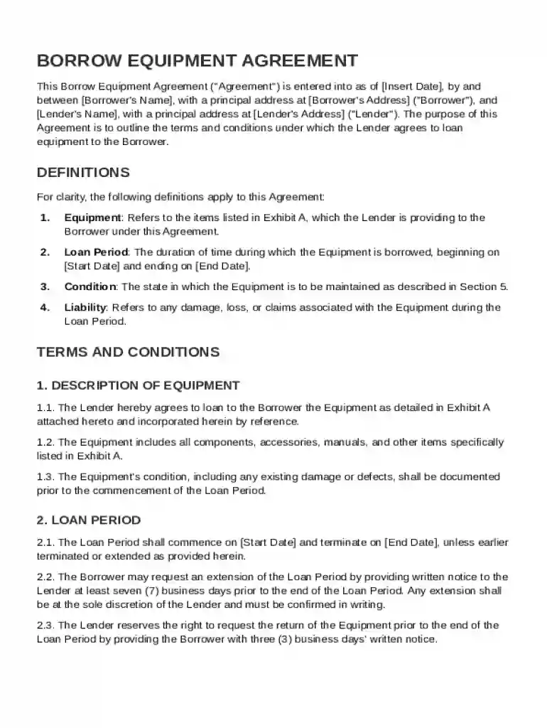 Borrow Equipment Agreement Template Preview on Page 1