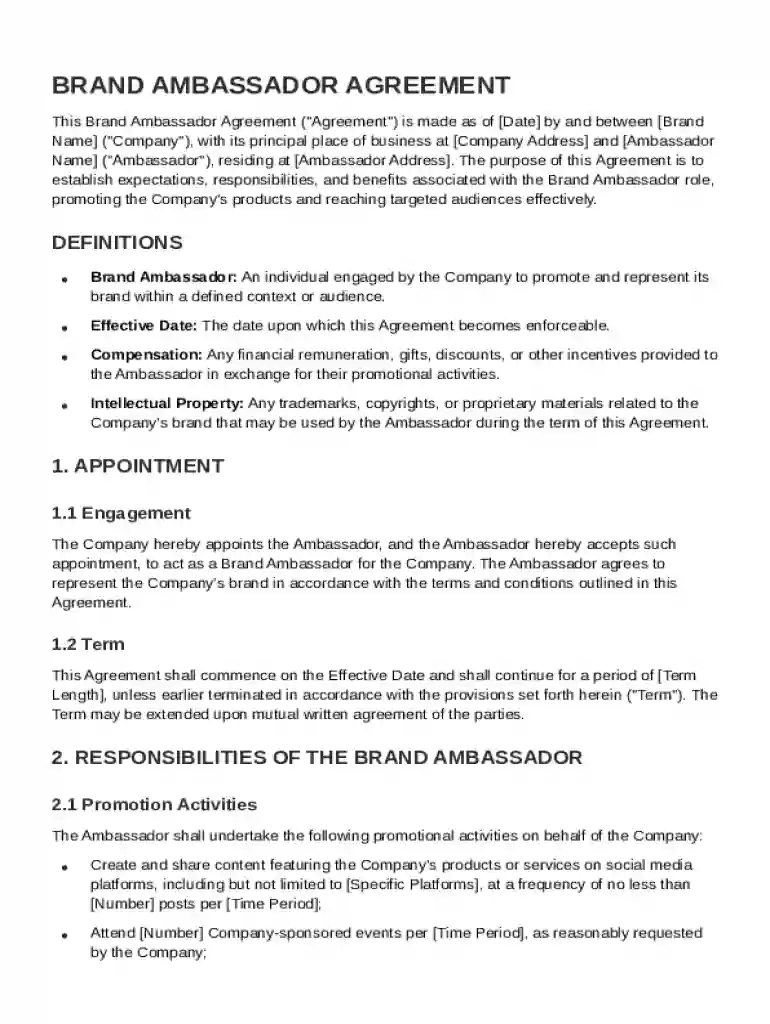 Brand Ambassador Agreement Template Preview on Page 1