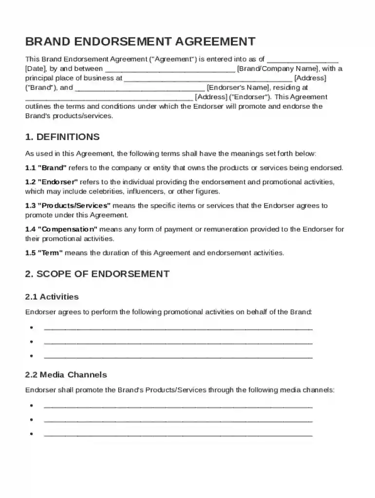 Brand Endorsement Agreement Template Preview on Page 1