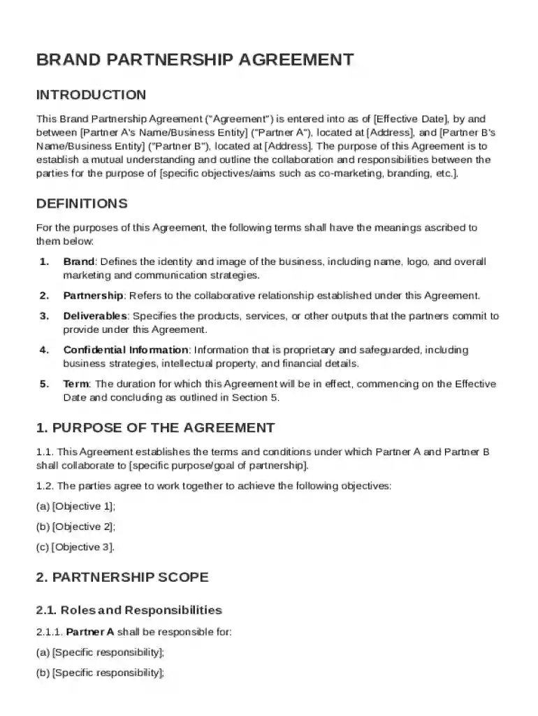 Brand Partnership Agreement Template Preview on Page 1