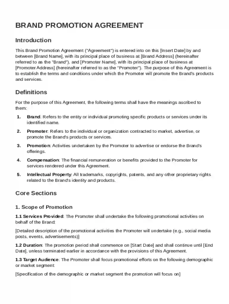 Brand Promotion Agreement Template Preview on Page 1