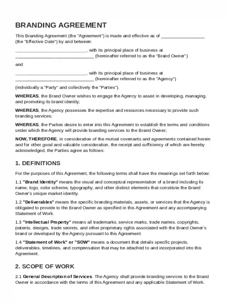 Branding Agreement Template Preview on Page 1