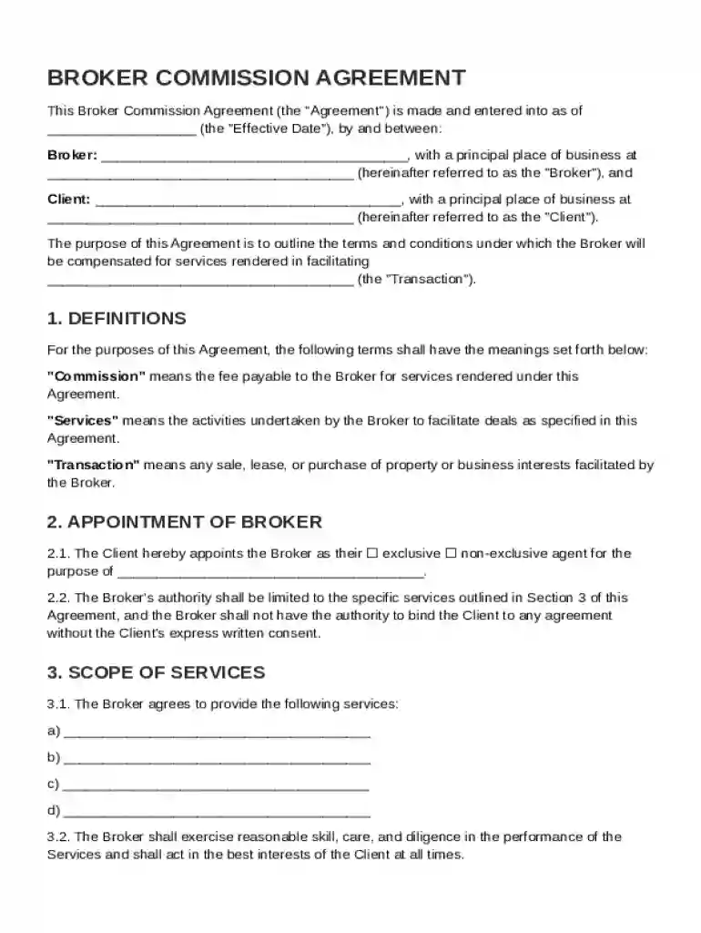 Broker Commission Agreement Template Preview on Page 1
