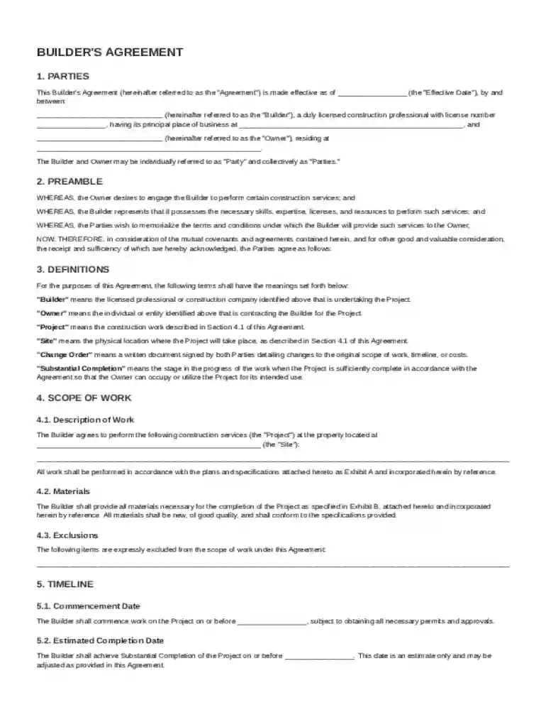 Builders Agreement Template Preview on Page 1