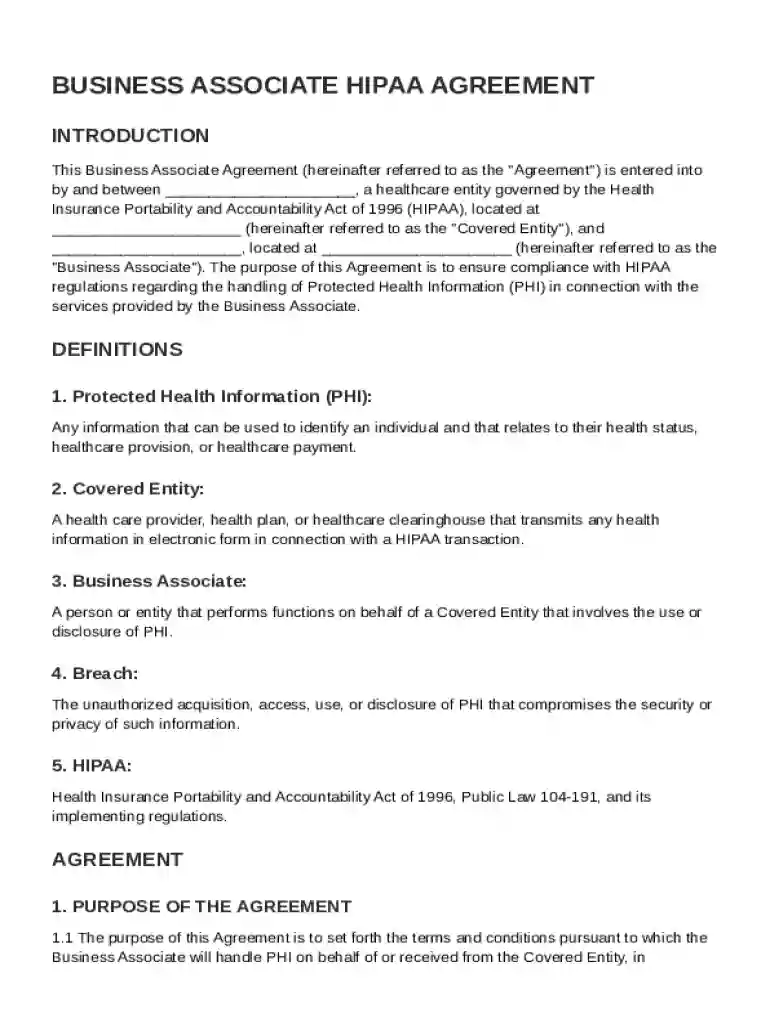 Business Associate HIPAA Agreement Template Preview on Page 1