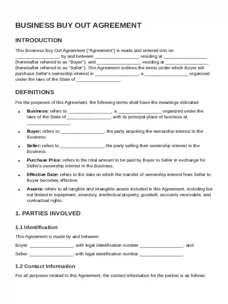 Business Buy Out Agreement Template Preview on Page 1