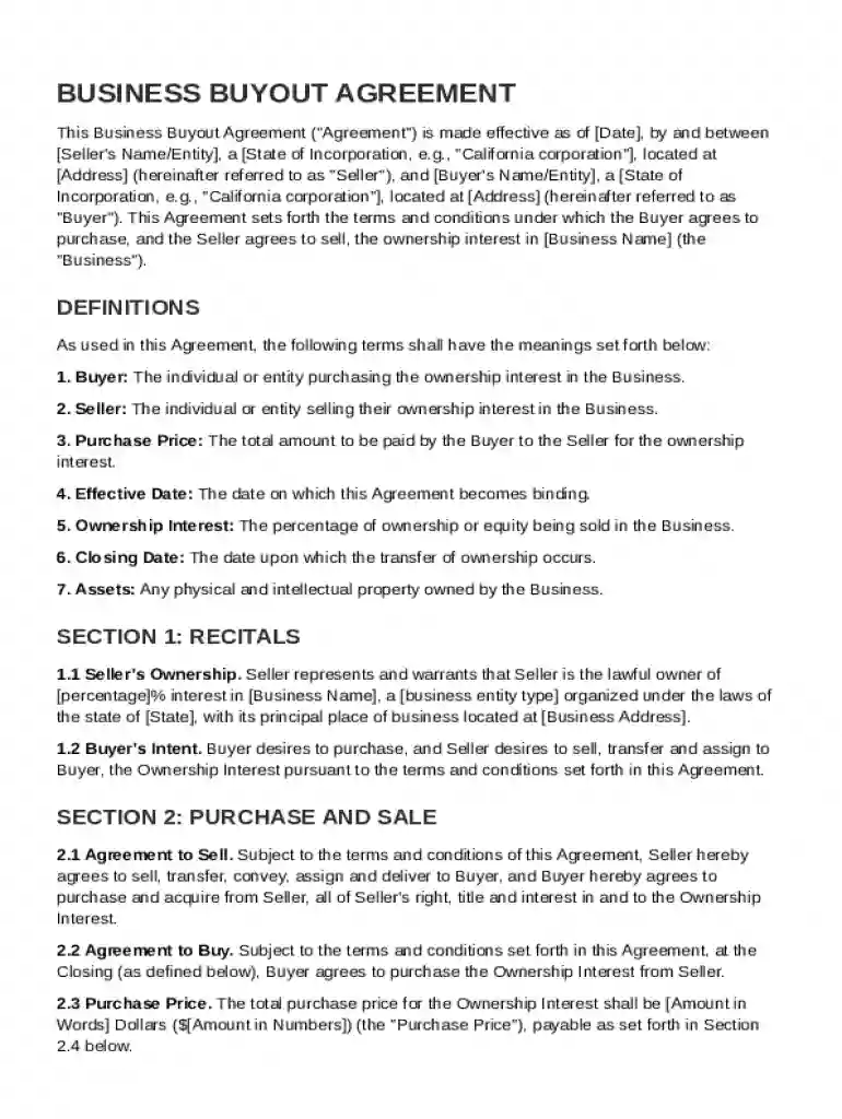 Business Buyout Agreement Template Preview on Page 1