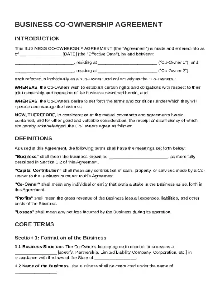 Business Co Ownership Agreement Template Preview on Page 1
