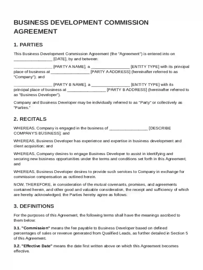 Business Development Commission Agreement Template Preview on Page 1