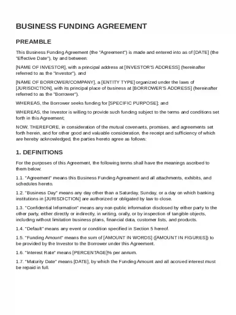 Business Funding Agreement Template Preview on Page 1