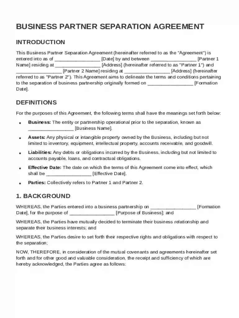 Business Partner Separation Agreement Template Preview on Page 1