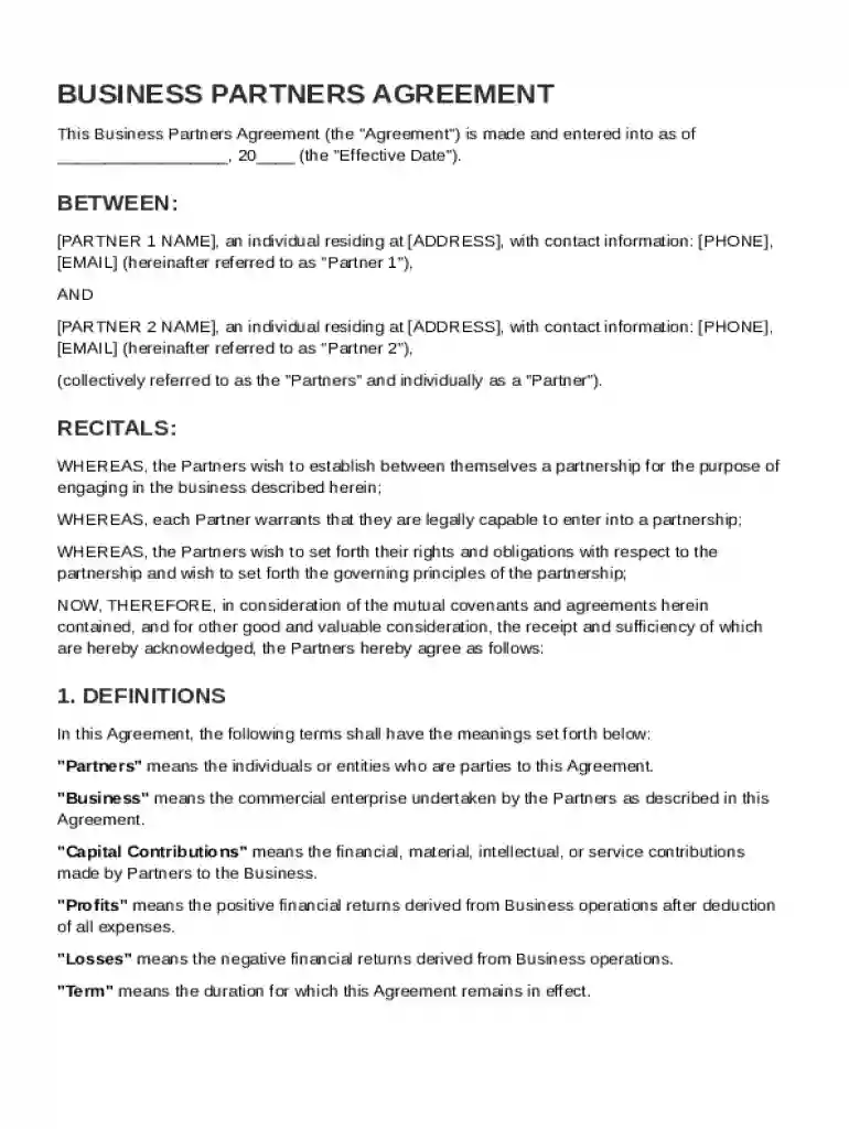 Business Partners Agreement Template Preview on Page 1