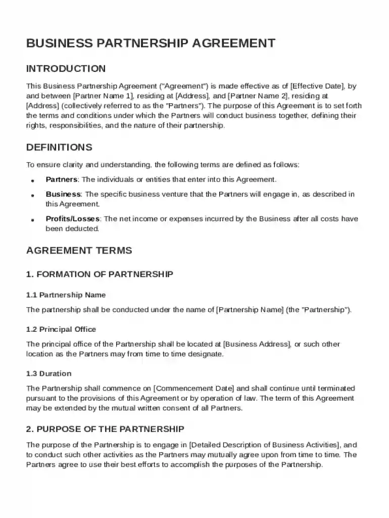 Business Partnership Agreement Template Preview on Page 1