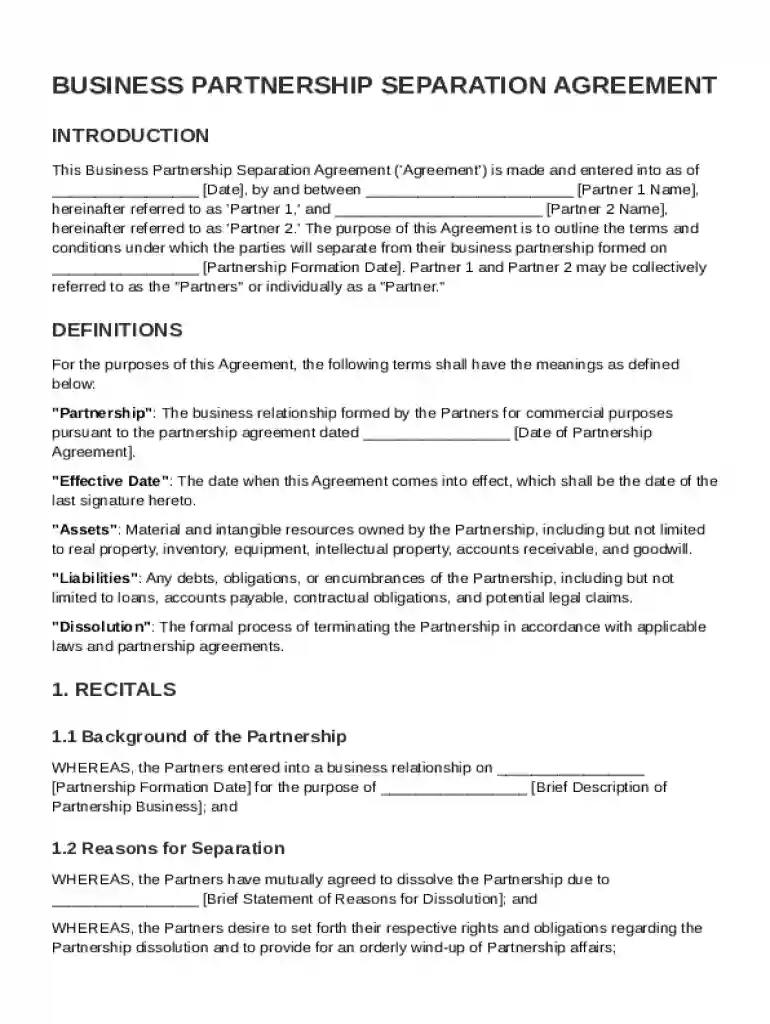 Business Partnership Separation Agreement Template Preview on Page 1