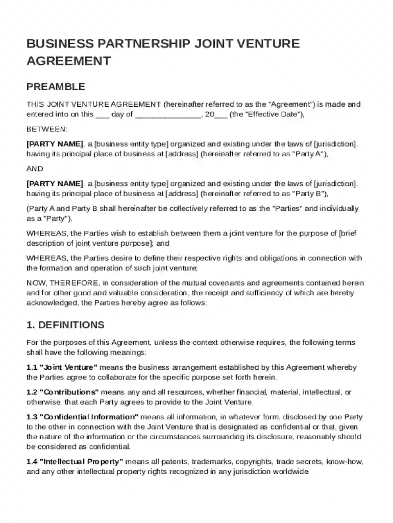 Business Partnershipjoint Venture Agreement Template Preview on Page 1
