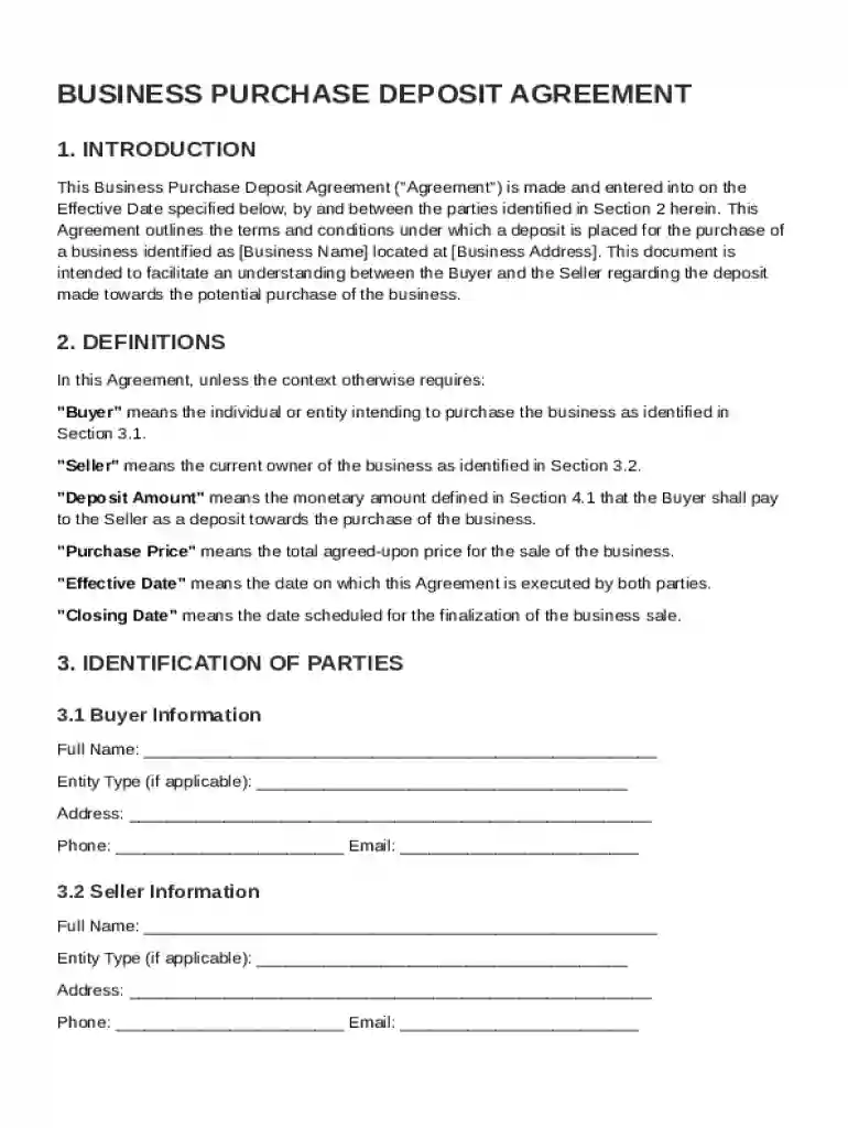 Business Purchase Deposit Agreement Template Preview on Page 1