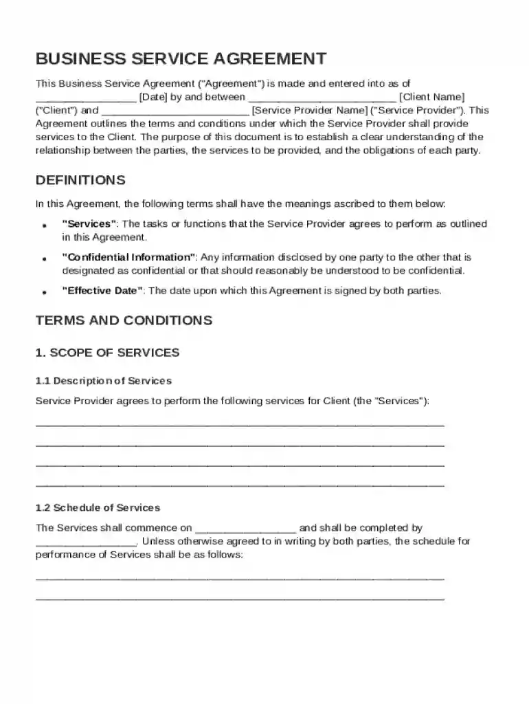 Business Service Agreement Template Preview on Page 1