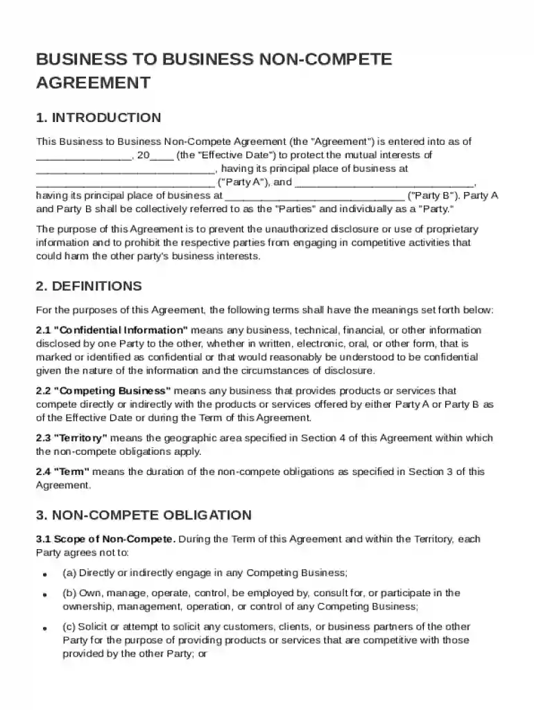 Business to Business Non Compete Agreement Template Preview on Page 1
