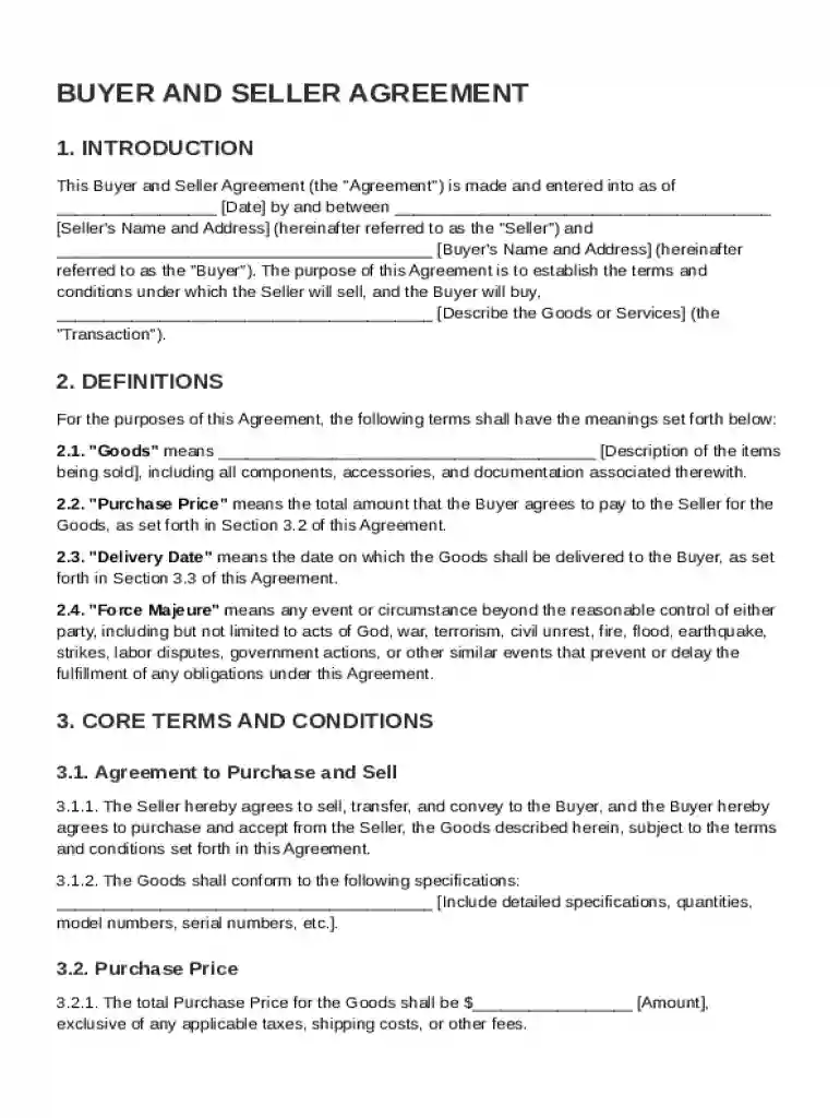 Buyer and Seller Agreement Template Preview on Page 1