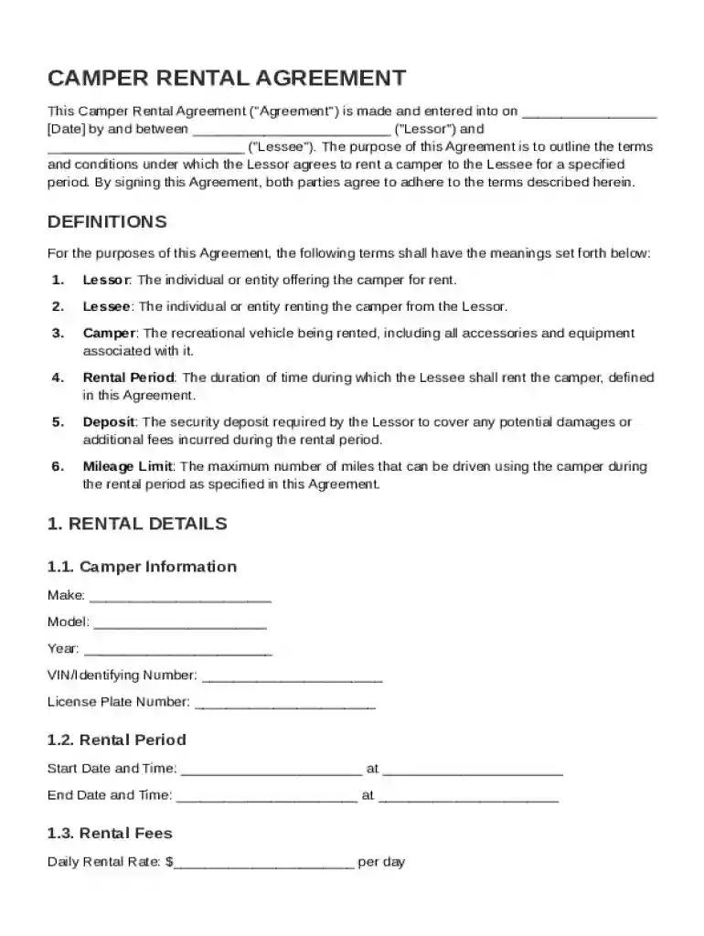 Camper Rental Agreement Template Preview on Page 1