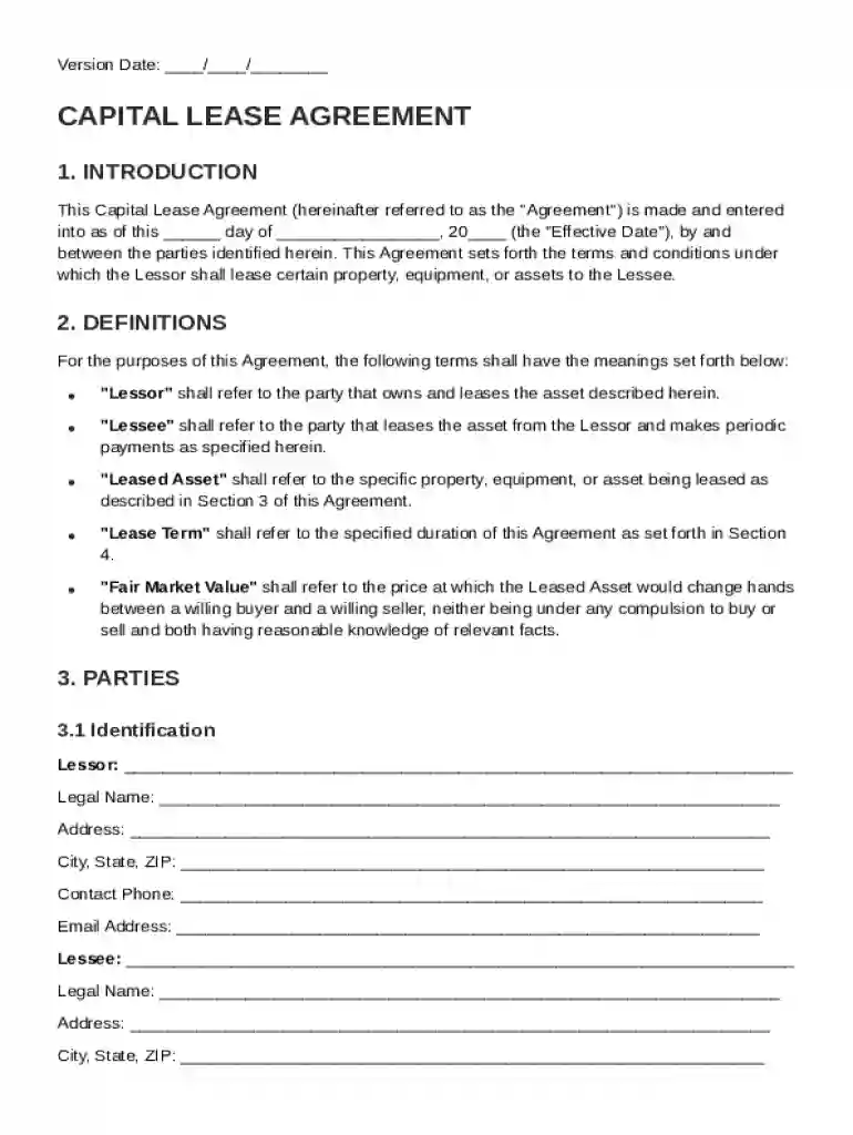 Capital Lease Agreement Template Preview on Page 1
