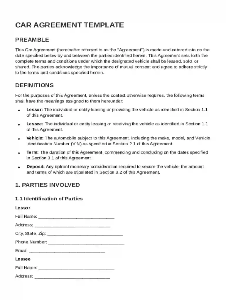 Car Agreement Template Preview on Page 1