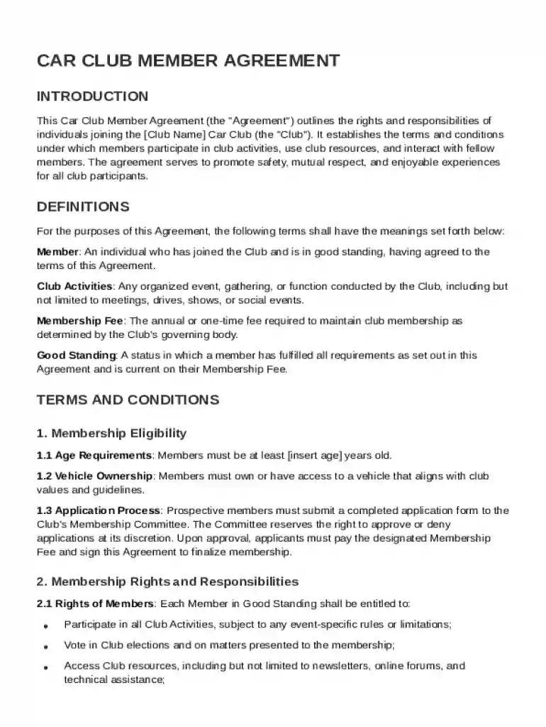 Car Club Member Agreement Template Preview on Page 1