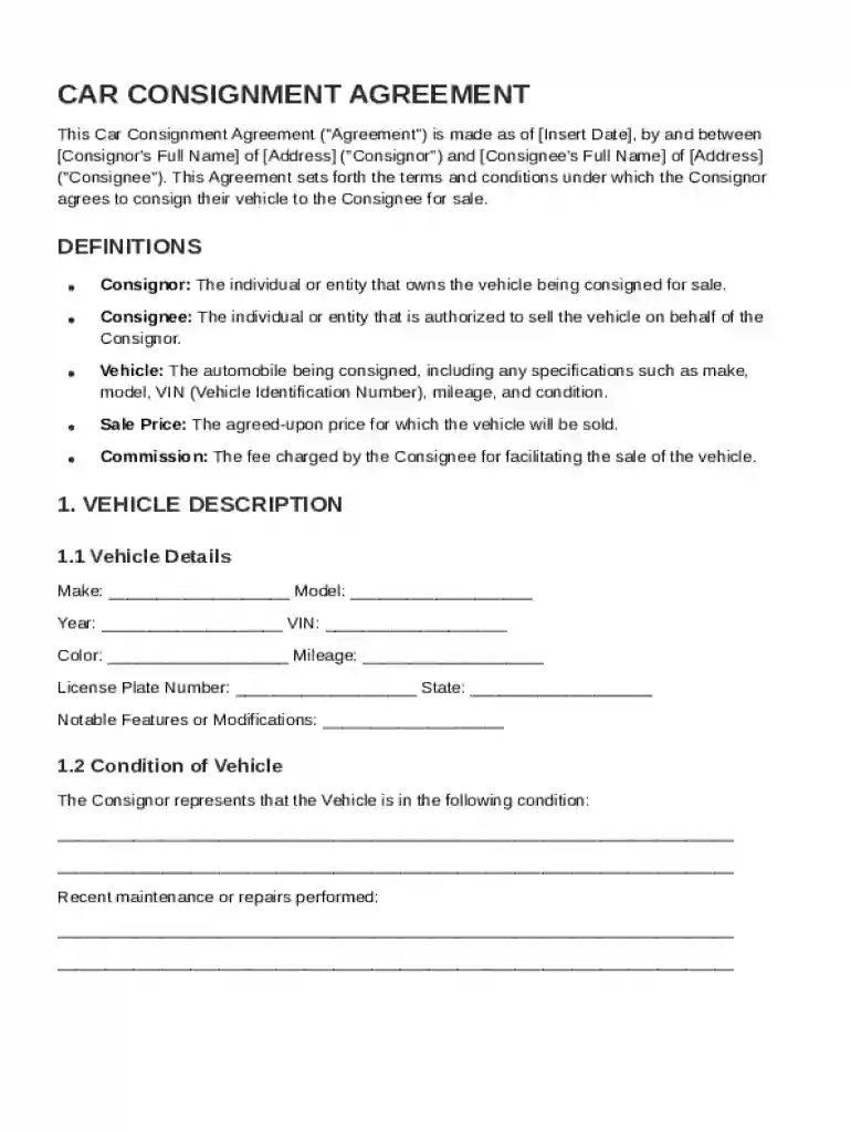 Car Consignment Agreement Template Preview on Page 1